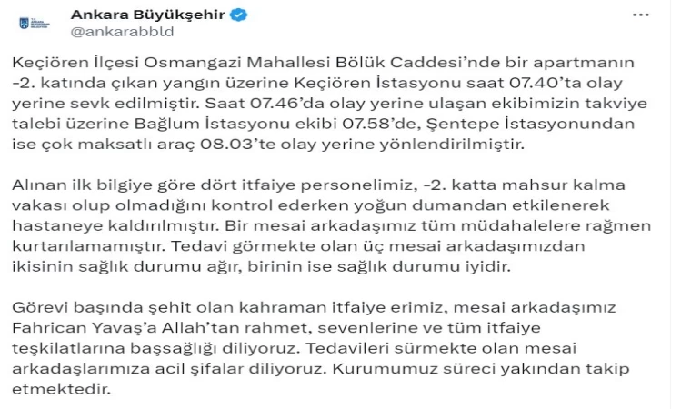 Ankara’da çıkan yangında 1 itfaiye eri şehit oldu